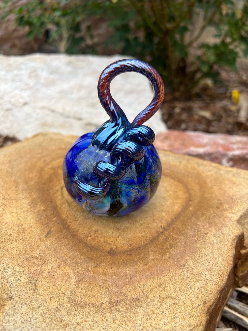 Handblown Blue Glass Pumpkin Halloween Thanksgiving Autumn - Picture 2 of 12